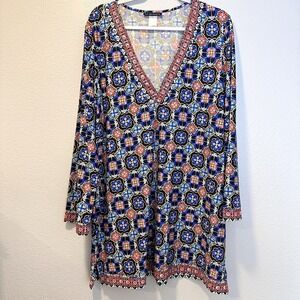 La Blanca Size-XL Women Tunic Dress‎ Swim Cover Up Beach Mosaic Floral